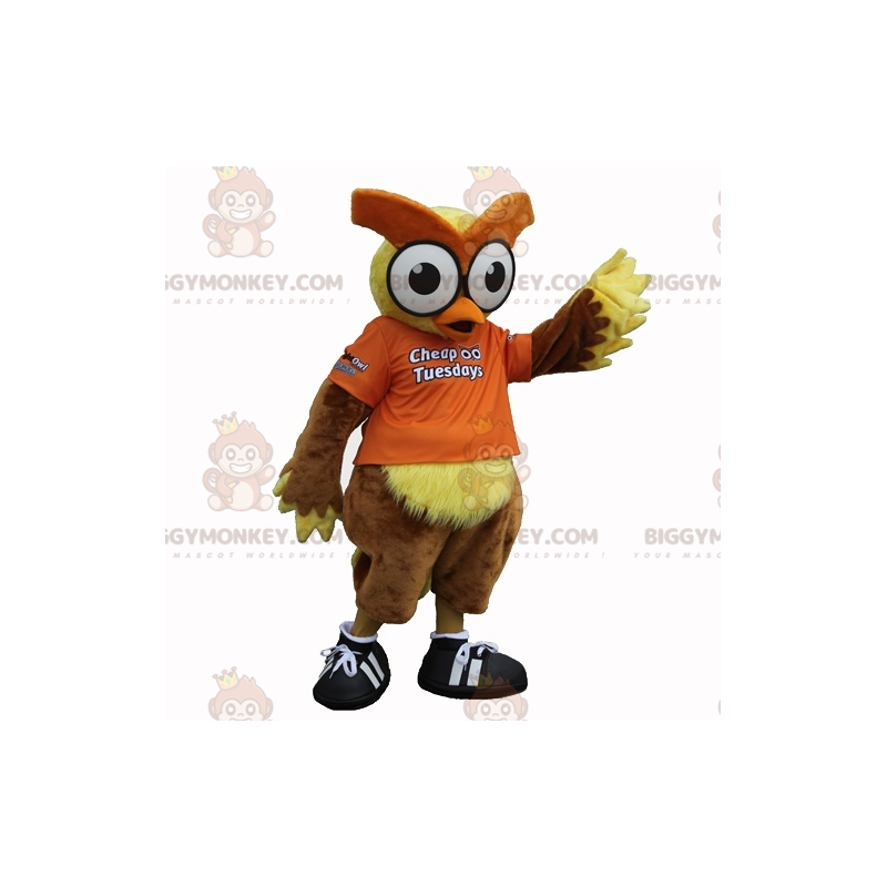 Traje de mascote BIGGYMONKEY™ Coruja marrom e amarela com olhos