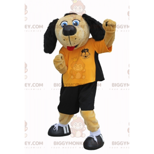 Kostým maskota BIGGYMONKEY™ béžový a černý pes ve fotbalovém