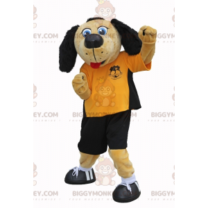 Traje de mascote BIGGYMONKEY™ bege e cachorro preto com roupa