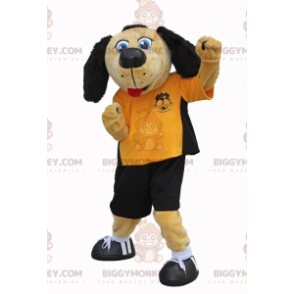 BIGGYMONKEY™ Maskotdräkt Beige och svart hund i fotbollsoutfit