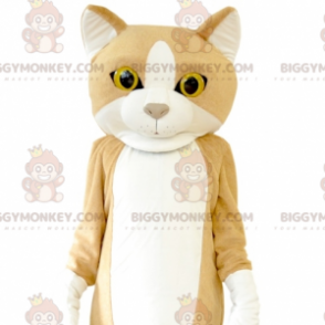 Costume della mascotte del gatto gigante beige e bianco