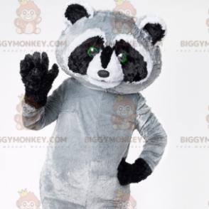 Traje de mascote de guaxinim gigante preto cinza e branco