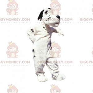 Traje de mascote BIGGYMONKEY™ de cachorro branco e preto.