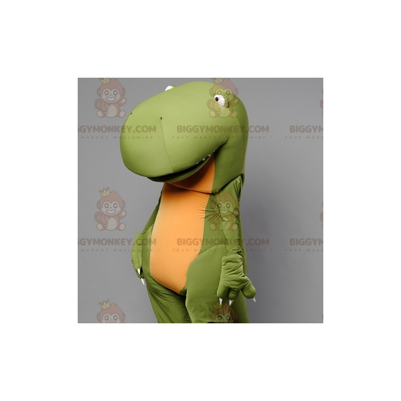 Fantástico e divertido traje de mascote de dinossauro verde e