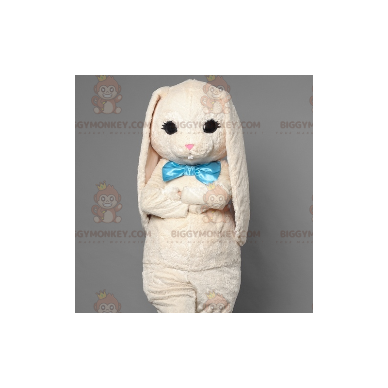 BIGGYMONKEY™ Mascottekostuum wit konijn met blauwe vlinderdas -