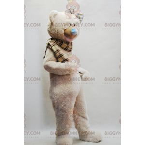 Beige teddy BIGGYMONKEY™ mascottekostuum met geruite sjaal -