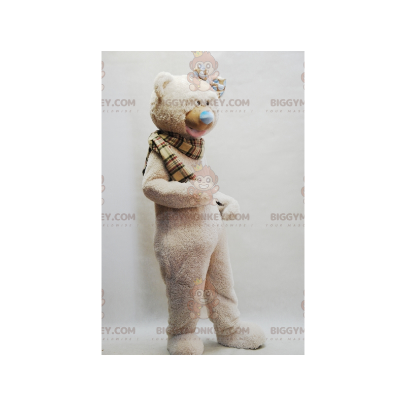 Beige Teddy BIGGYMONKEY™ Mascot Costume with Plaid Scarf -