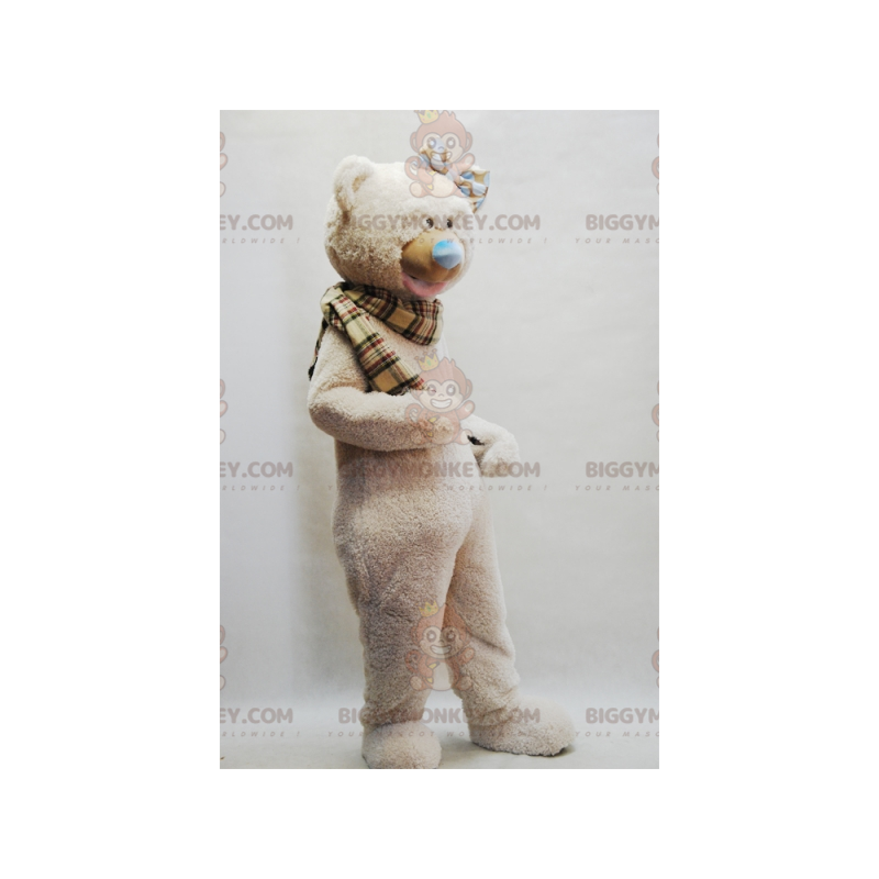 Beige teddy BIGGYMONKEY™ mascottekostuum met geruite sjaal -