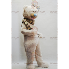 Beige Teddy BIGGYMONKEY™ Mascot Costume with Plaid Scarf -