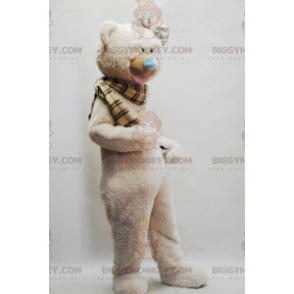 Beige teddy BIGGYMONKEY™ mascottekostuum met geruite sjaal -