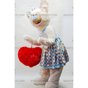 BIGGYMONKEY™ maskotkostume Beige bamse med kjole og rødt hjerte