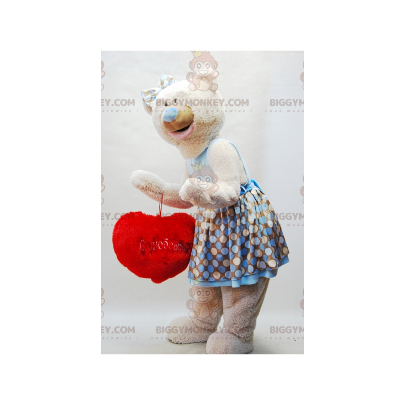 BIGGYMONKEY™ Mascot Costume Beige Teddy with Dress and Red