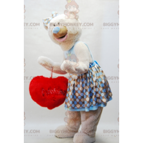 BIGGYMONKEY™ Maskottchen-Kostüm Beige Teddy mit Kleid und rotem