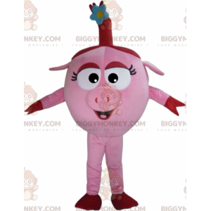 Divertente costume mascotte rotondo rosa e rosso maiale