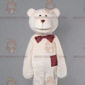 BIGGYMONKEY™ Mascot Costume Beige Teddy with Plaid Bow Tie -
