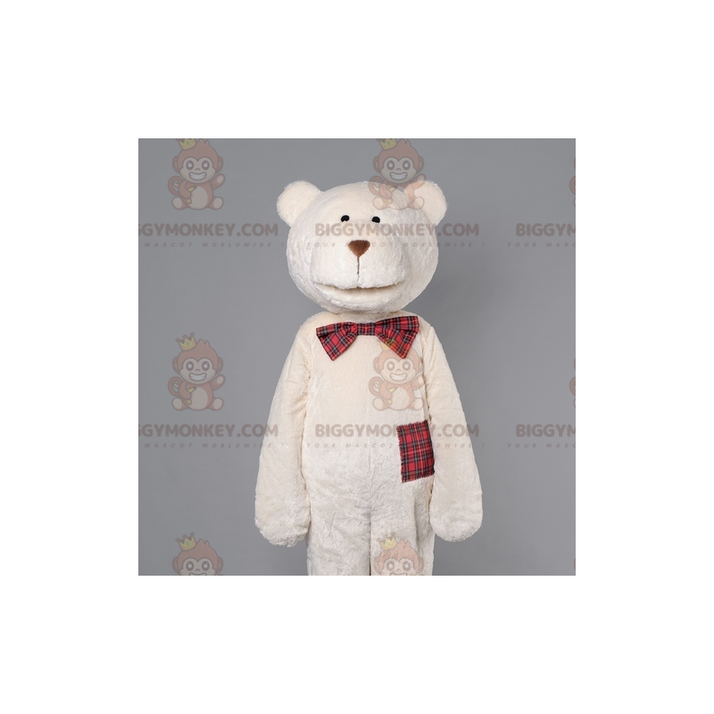 BIGGYMONKEY™ Mascot Costume Beige Teddy with Plaid Bow Tie –