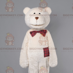 BIGGYMONKEY™ maskotkostume Beige bamse med plaid sløjfe -