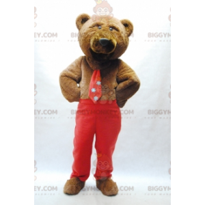 Brun bjørn BIGGYMONKEY™ maskotkostume med slips og røde bukser