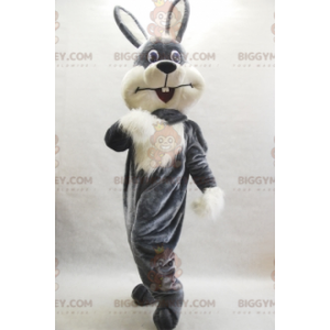 Bonito disfraz de mascota de conejo blanco y gris peludo