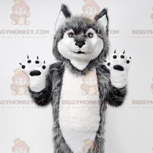 Fantasia de mascote BIGGYMONKEY™ Lobo Cinzento e Branco. Traje