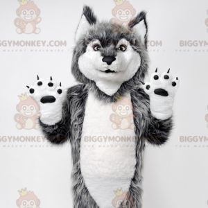 Grå och vit varg BIGGYMONKEY™ maskotdräkt. Wolfdog BIGGYMONKEY™