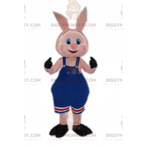 BIGGYMONKEY™ Schweine-Maskottchen-Kostüm im blauen Overall