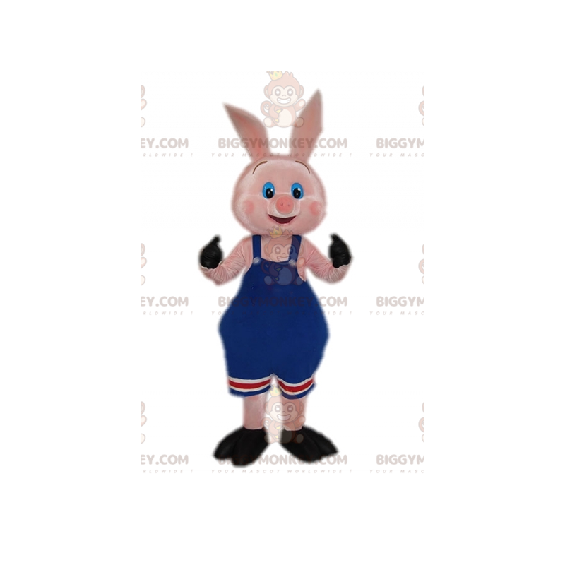 BIGGYMONKEY™ Pig Mascot Costume In Blue Overalls Wrestling