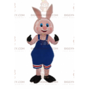 BIGGYMONKEY™ Pig Mascot Costume In Blue Overalls Wrestling