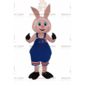 Traje de mascote de porco BIGGYMONKEY™ em macacão azul roupa de
