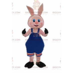 BIGGYMONKEY™ Pig Mascot Costume In Blue Overalls Wrestling