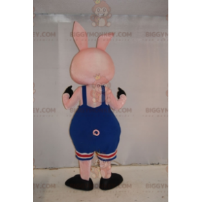 BIGGYMONKEY™ Pig Mascot Costume In Blue Overalls Wrestling