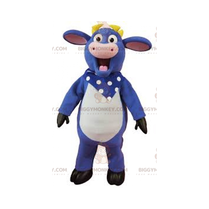 Traje de mascote de vaca BIGGYMONKEY™ azul branco e rosa com