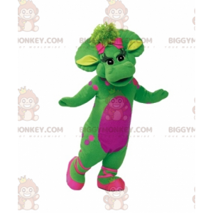 Costume da mascotte gigante ed elegante dinosauro verde e rosa