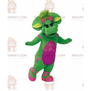 Disfraz de mascota gigante y elegante dinosaurio verde y rosa