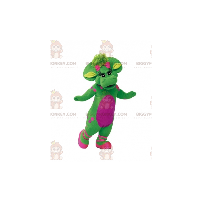 Costume da mascotte gigante ed elegante dinosauro verde e rosa