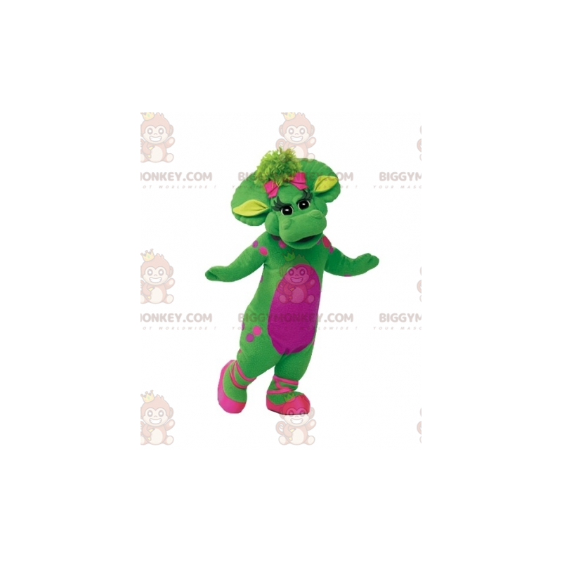 Traje de mascote gigante e elegante de dinossauro verde e rosa