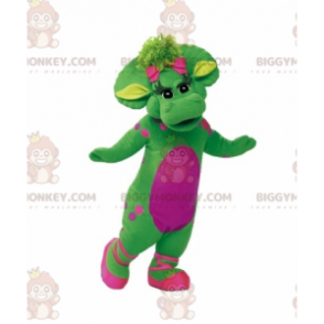 Costume da mascotte gigante ed elegante dinosauro verde e rosa