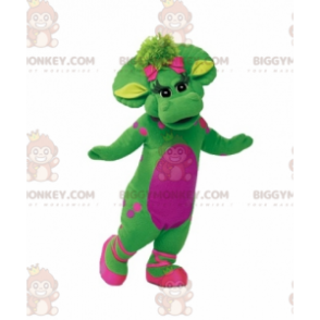 Disfraz de mascota gigante y elegante dinosaurio verde y rosa