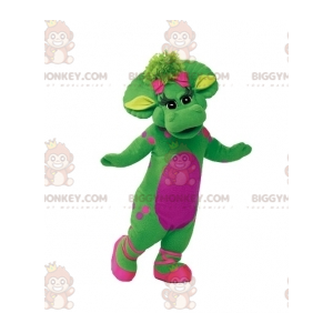 Costume da mascotte gigante ed elegante dinosauro verde e rosa