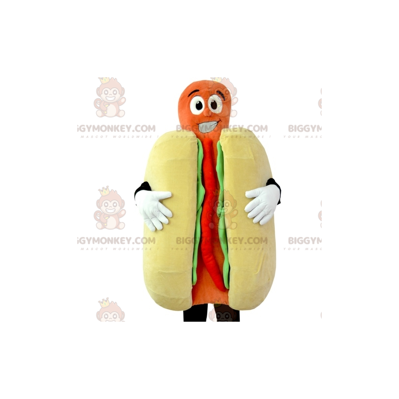 Riesiges Hot Dog BIGGYMONKEY™ Maskottchen-Kostüm.