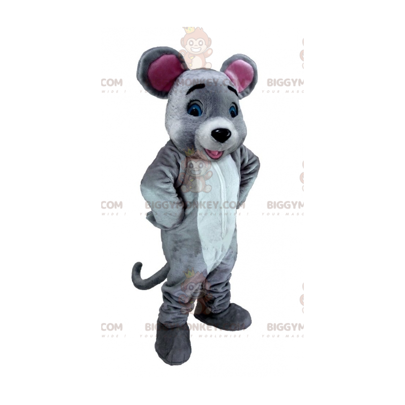 Costume mascotte BIGGYMONKEY™ da topo grigio rosa e bianco