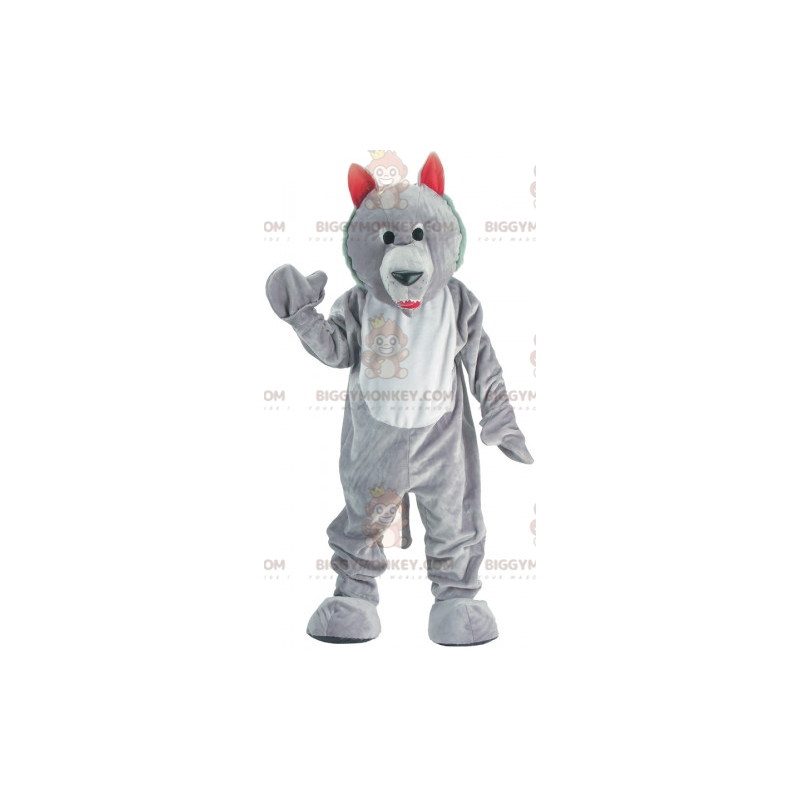Κοστούμι μασκότ με γκρίζο και λευκό λύκο BIGGYMONKEY™. Στολή