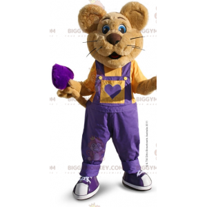 Brown Mouse BIGGYMONKEY™ Mascot Costume with Purple Overalls –