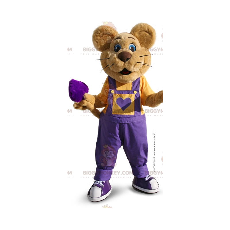 Braune Maus BIGGYMONKEY™ Maskottchen-Kostüm mit violettem