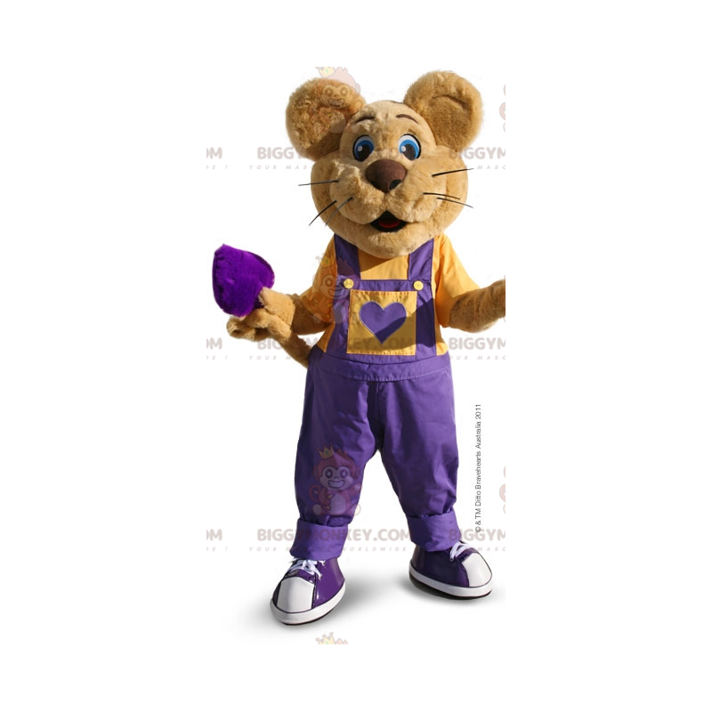 Ruskea hiiren BIGGYMONKEY™ maskottiasu violetilla haalareilla -