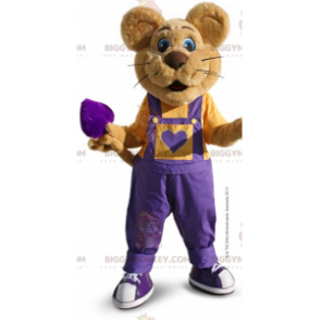 Brown Mouse BIGGYMONKEY™ Mascot Costume with Purple Overalls –