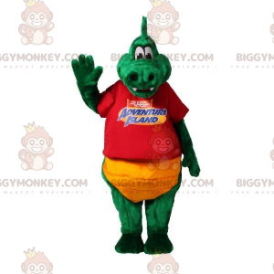 Měkký a zábavný kostým maskota zeleného a žlutého krokodýla