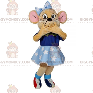 Kostým maskota BIGGYMONKEY™ béžové myši s modrými šaty a mašlí