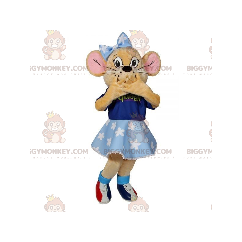 Beige mouse BIGGYMONKEY™ mascot costume with blue dress and bow