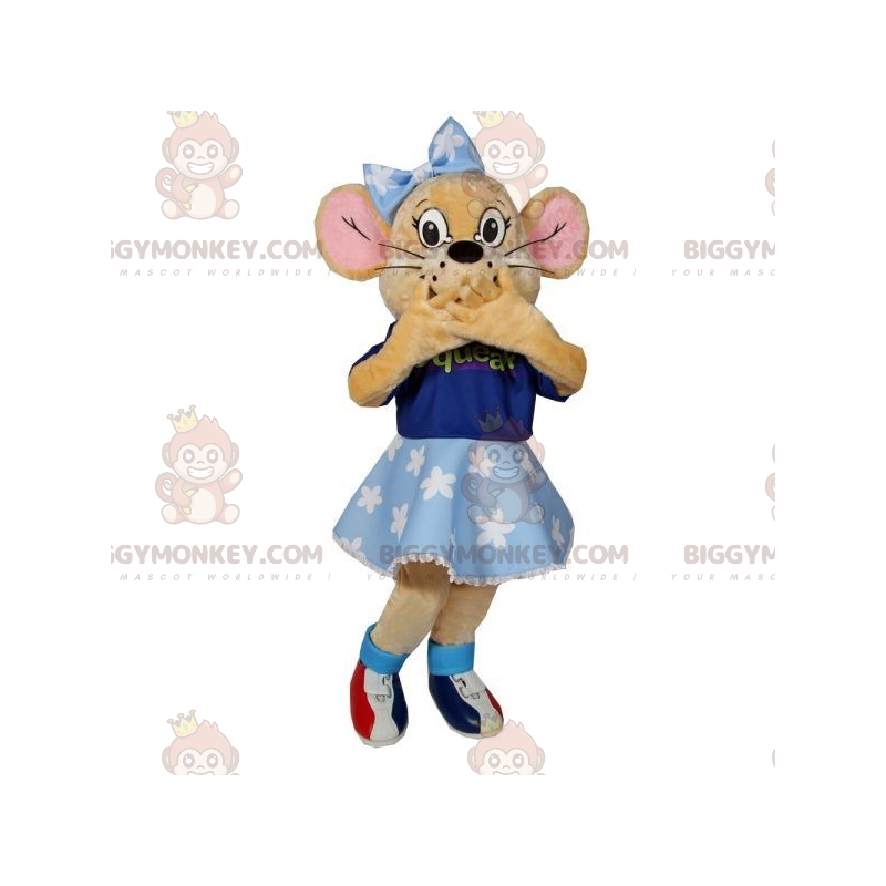 Beiges Maus BIGGYMONKEY™ Maskottchenkostüm mit blauem Kleid und